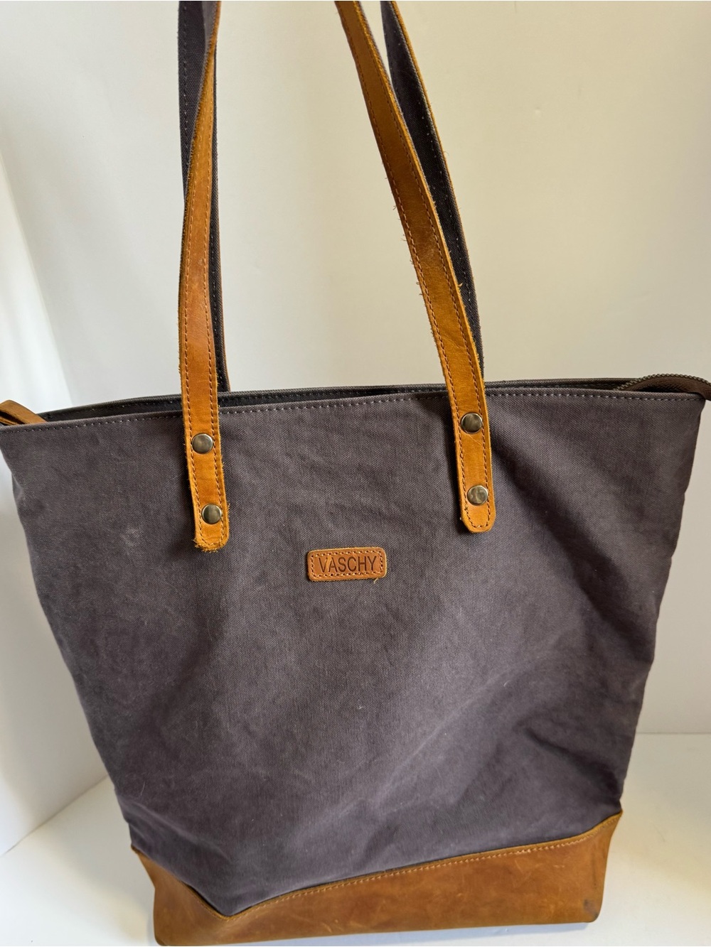 VASCHY Leather Canvas Vintage Tote Bag - Picture 2 of 12